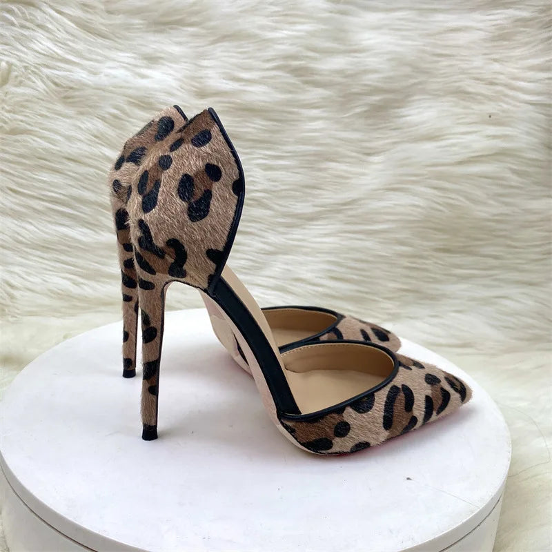 Brown Leopard Hairy Flock Pointy Toe High Heel Shoes