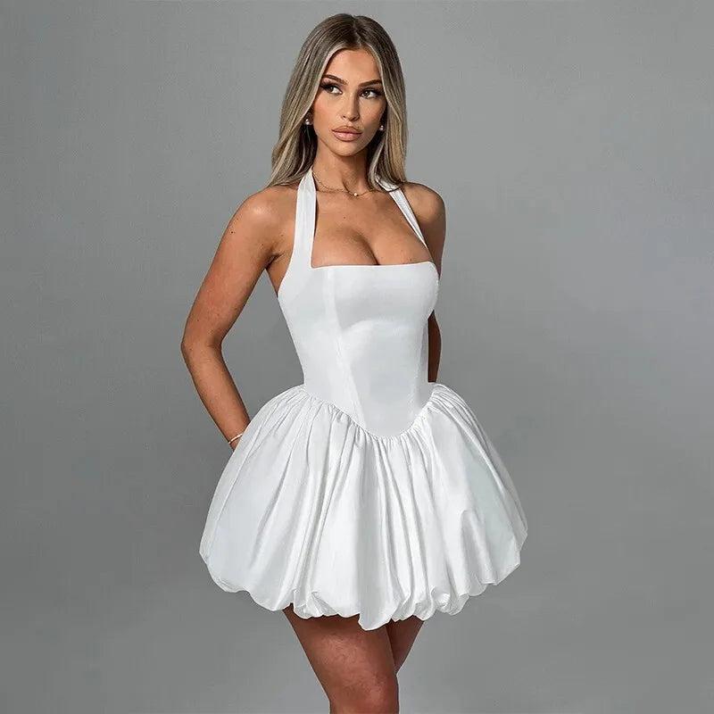 Polka Dot Square Neck Halter Puff Skirt Mini Dress