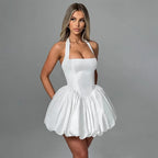 Polka Dot Square Neck Halter Puff Skirt Mini Dress