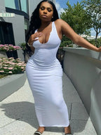 Ribbed Knit Deep Scoop Neck Tank Bodycon Maxi Dress