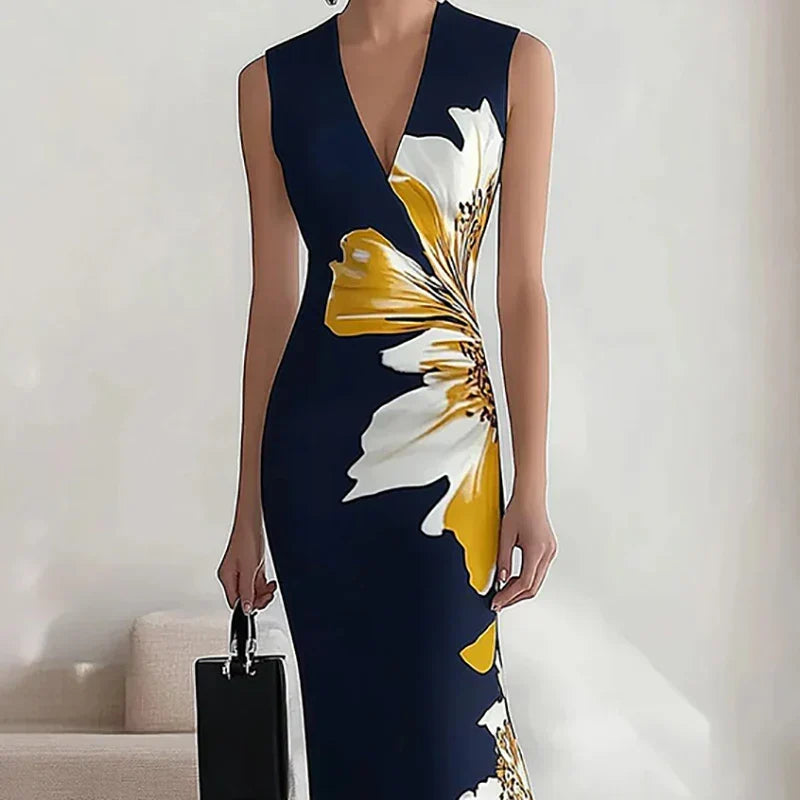Floral Print Sleeveless Deep V Neck Bodycon Midi Dress