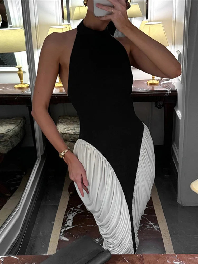 Color Block Halter Draped Side Panel Bodycon Midi Dress