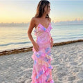 Watercolor Floral Print Ruffle Tier Spaghetti Strap Maxi Dress