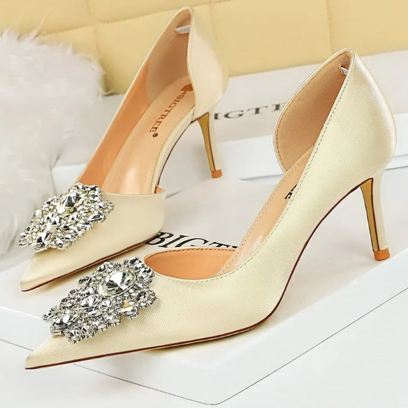 Satin Rhinestone High Heels for Women - Elegant Banquet Stilettos Lady Heels