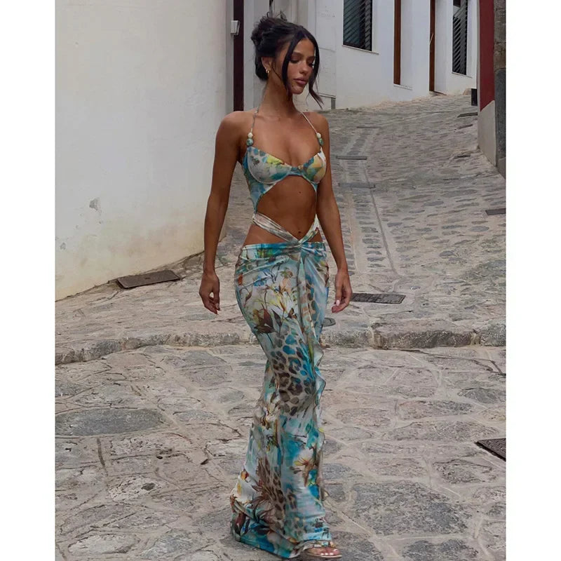 Print Deep V-Neck Metal Ring Waist Cut Out Bodycon Maxi Dress