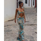 Print Deep V-Neck Metal Ring Waist Cut Out Bodycon Maxi Dress