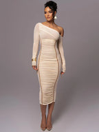 Asymmetric Off Shoulder Ruched Panel Bodycon Midi Dress