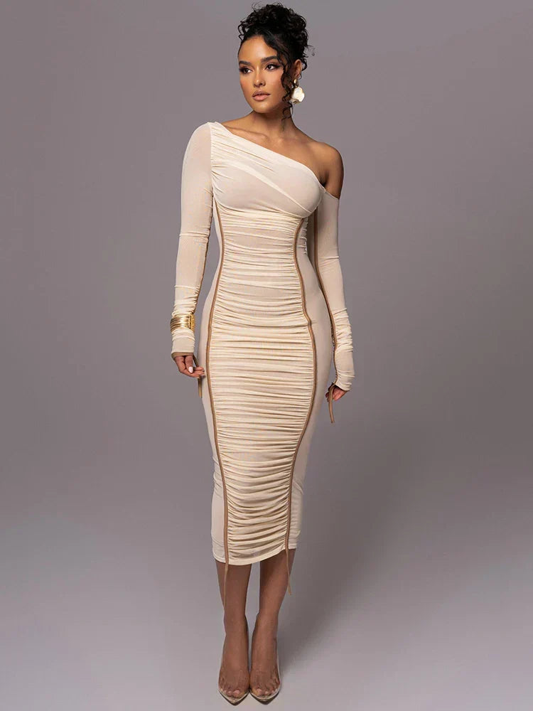 Asymmetric Off Shoulder Ruched Panel Bodycon Midi Dress