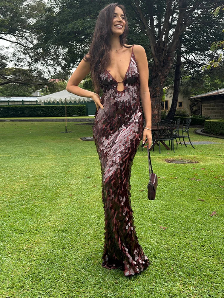 Scale Sequin Deep V Keyhole Bust Camisole Bodycon Maxi Dress