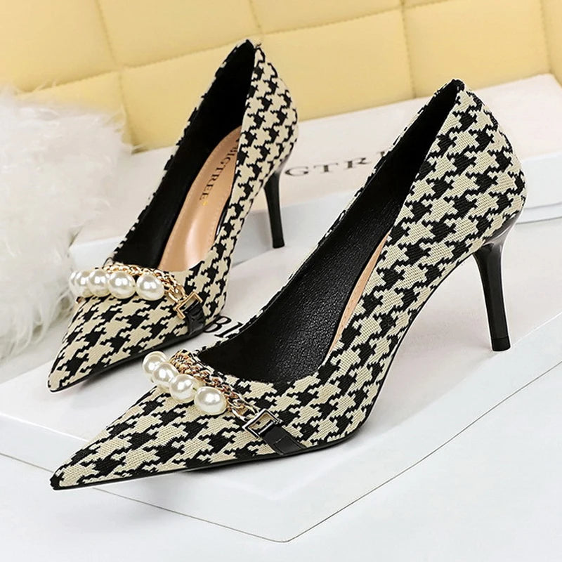Grain Women Pumps with Pearl Chain Design - High Quality High Heels