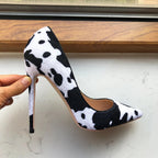 Cow Print Women White Hairy Flock Pointy Toe High Heel Shoes - Cow Print High Heel Shoes