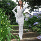 Deep V-Neck Floral Lace Bell Cuff Long Sleeve Sheer Maxi Dress