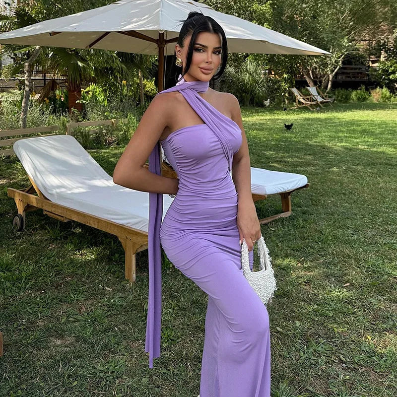 One Shoulder Ruched Bodycon Long Sash Drape Maxi Gown
