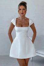 A-Line Mini Dress with Square Collar and Short Sleeves