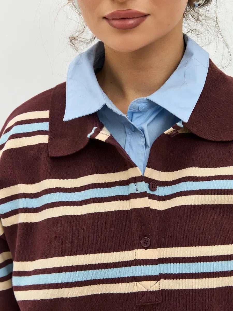 Spring Summer New Women's Retro Striped Polo Collar Oversized Long Sleeve T - Shirt Trendy Casual Loose Basic Top