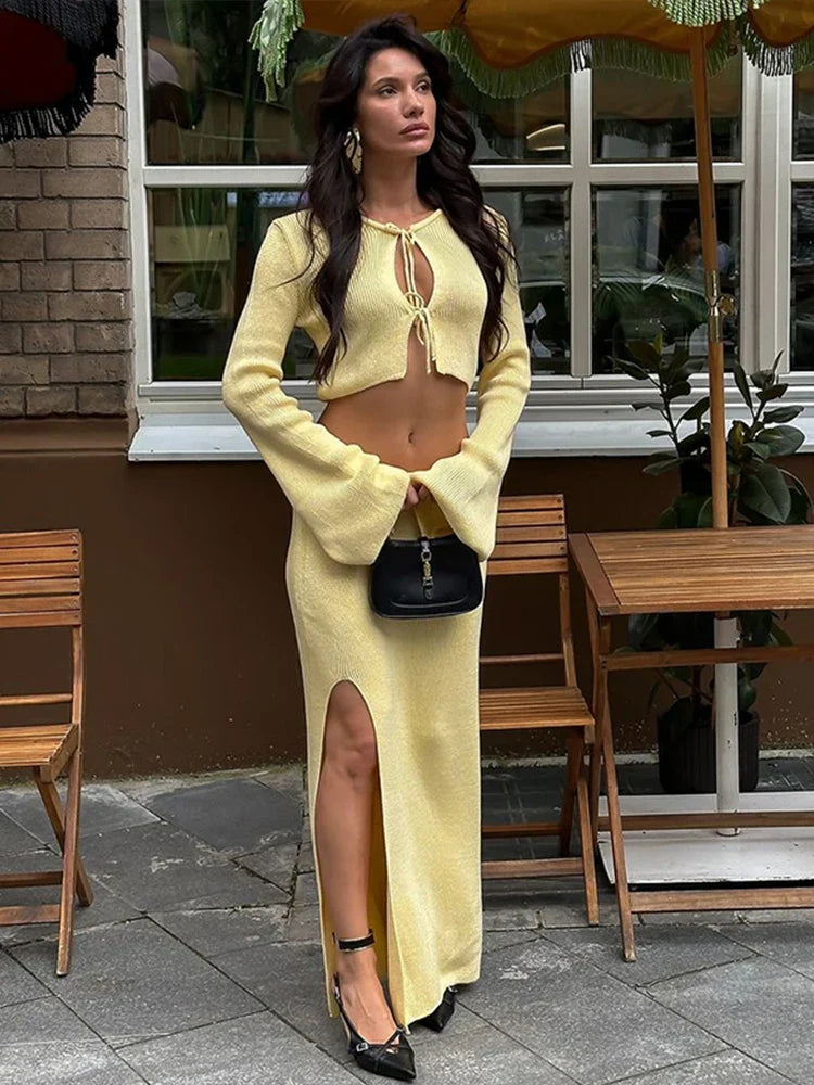 Women Knitted Lace Up 2pcs Set With Skirt Long Sleeve Waist Exposed Cardigan Sexy Slit Long Skirts Autumn New Matching Sets