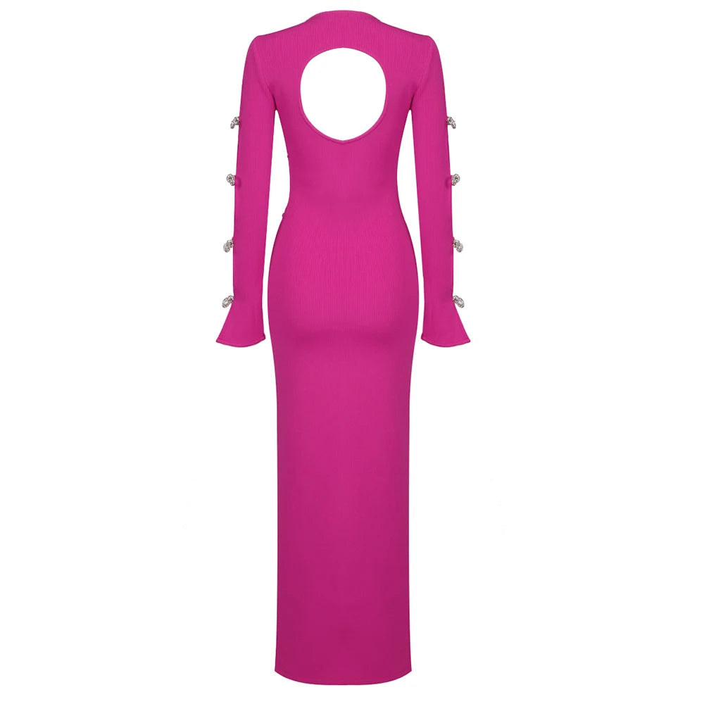 Alyssa Rhinestone Gown Dress with Bandage Long Sleeves and Cut Outs