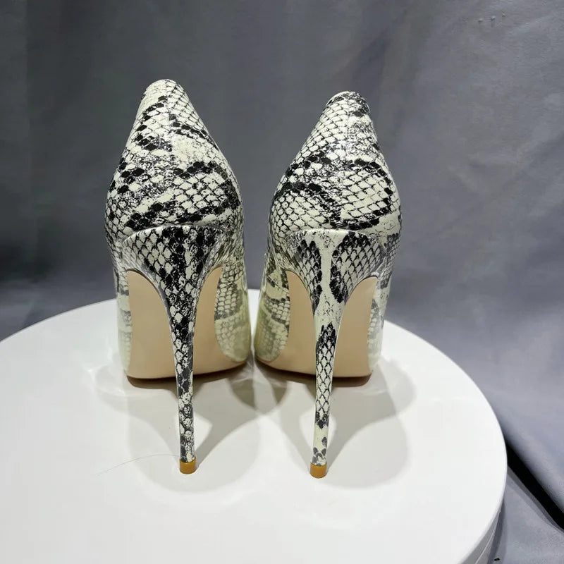 White Snakeskin Pointy Toe High Heel Stiletto Pumps for Women