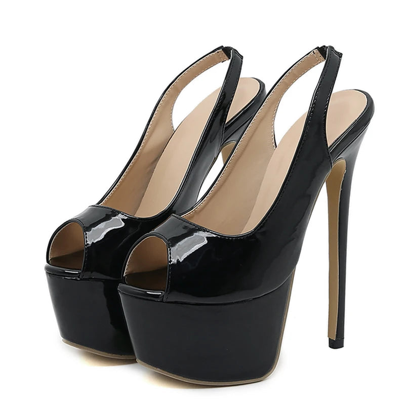 Black Leather Peep Toe High Heels Sexy Women Shoes - 16CM