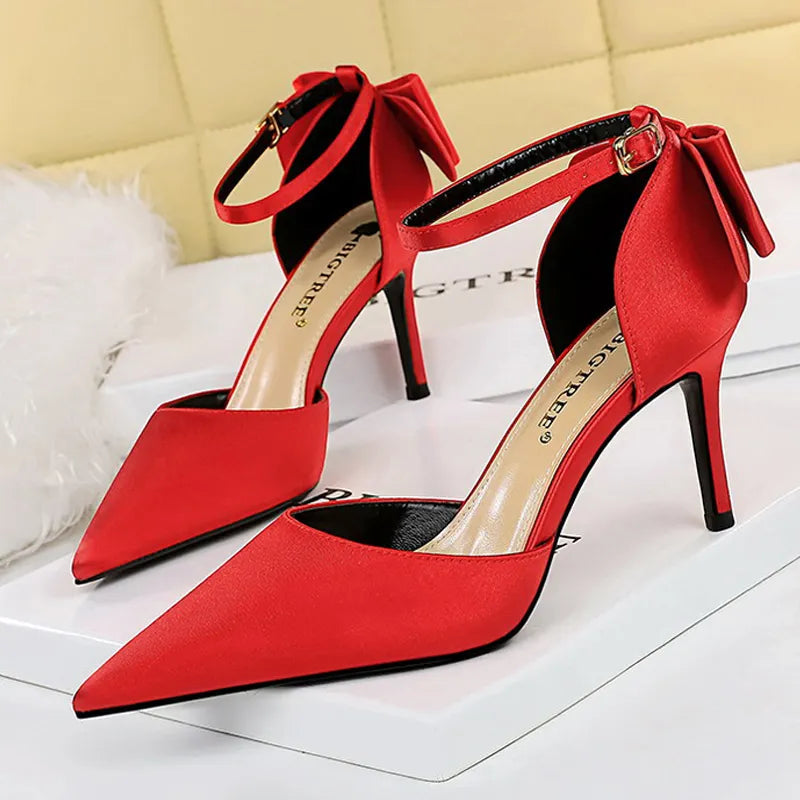 Bow-knot Kitten Heels Women Pumps Satin Stiletto High Heels - Sexy Party Shoes