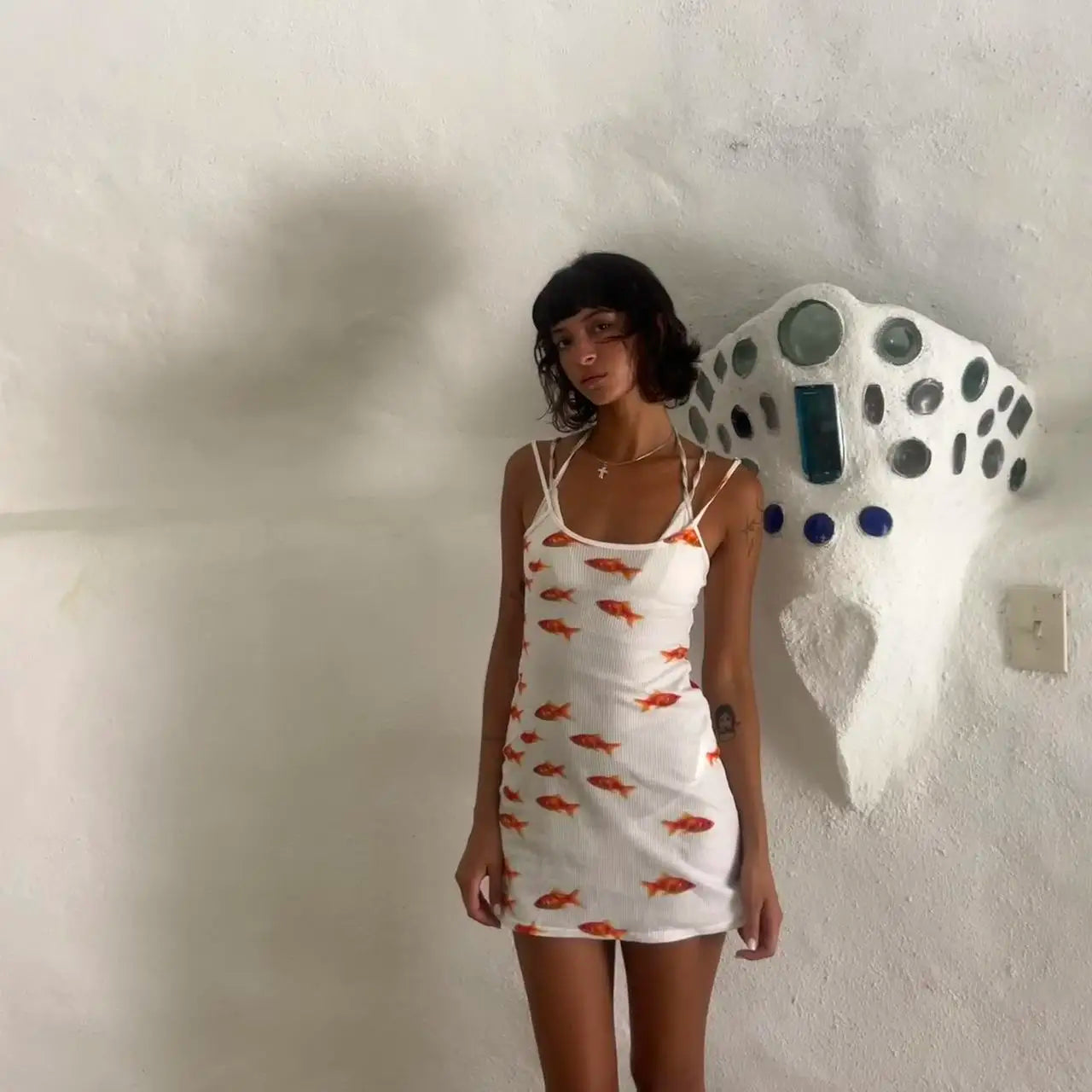 Goldfish Print Scoop Neck Double Spaghetti Strap Bodycon Mini Slip Dress