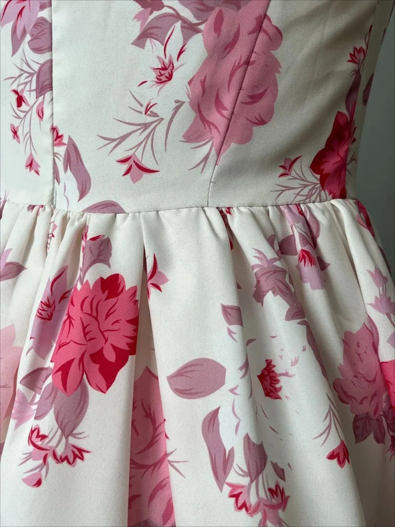 Woman Clothing Sexy Slash Neck Floral Printed Birthday Party Dress Sleeveless High Waist A-line White Short Holiday Dresses 2024