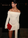 Off Shoulder Ribbed Knit Side Tie Long Sleeve Mini Dress