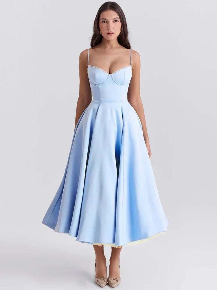 Lace Trim Corset Spaghetti Strap Tulle Underlay Full Skirt Midi Dress