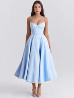 Lace Trim Corset Spaghetti Strap Tulle Underlay Full Skirt Midi Dress