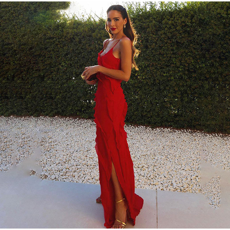 Deep V-Neck Spaghetti Strap Diagonal Tiered Ruffle Maxi Dress