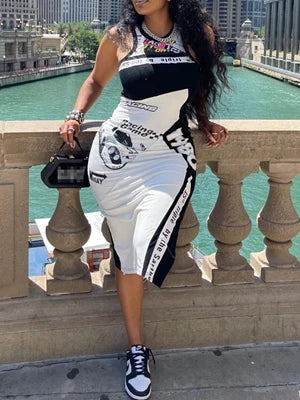 Halter Neck Racing Graphic Patchwork Print Side Slit Bodycon Midi Dress