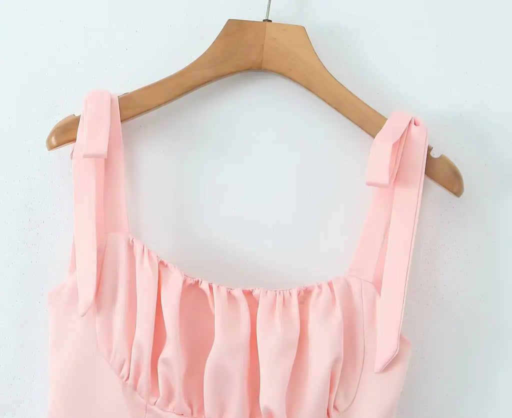 2025 Pleated Design Tie-up Sleeveless Summer Dresses Women Solid Color Slim Fit Mini Dress Simple Fashion Party Dress