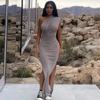 One Shoulder Ribbed Knit Draped High Slit Bodycon Maxi Dress