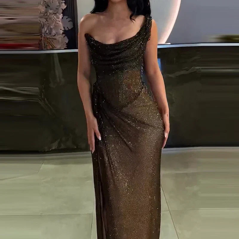 Shimmer Cowl Neck Ruched Hip Gather Spaghetti Strap Maxi Gown