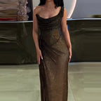 Shimmer Cowl Neck Ruched Hip Gather Spaghetti Strap Maxi Gown