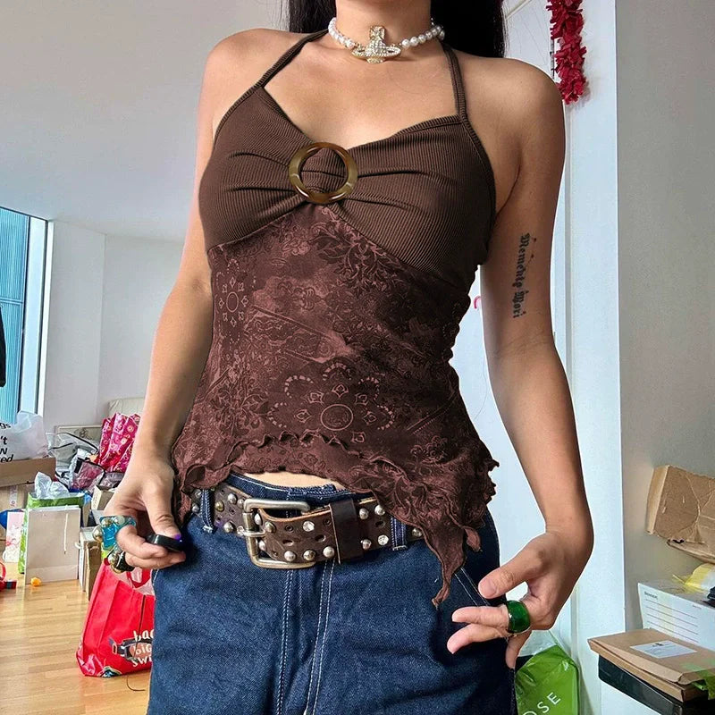 Patchwork Mesh Backless Print Cami Top