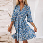 Ditsy Floral V-Neck Smocked Waist Ruffle Hem Mini Dress