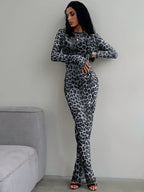 Print Mock Neck Long Sleeve Bodycon Maxi Dress
