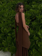 Strapless Structured Bodice Asymmetric Overlay Sheer High Slit Maxi Dress