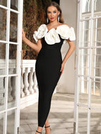Solene Off Shoulder Maxi Bandage Dress with Flower Detail