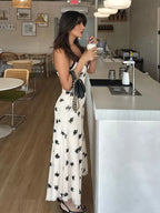 Ditsy Floral Print Lace Trim Deep V-Neck Spaghetti Strap Lettuce Hem Slip Maxi Dress