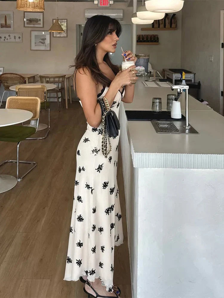 Ditsy Floral Print Lace Trim Deep V-Neck Spaghetti Strap Lettuce Hem Slip Maxi Dress