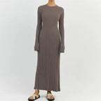 Ribbed Knit Crew Neck Lettuce Hem Long Sleeve Maxi Dress