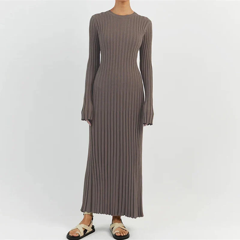 Ribbed Knit Crew Neck Lettuce Hem Long Sleeve Maxi Dress