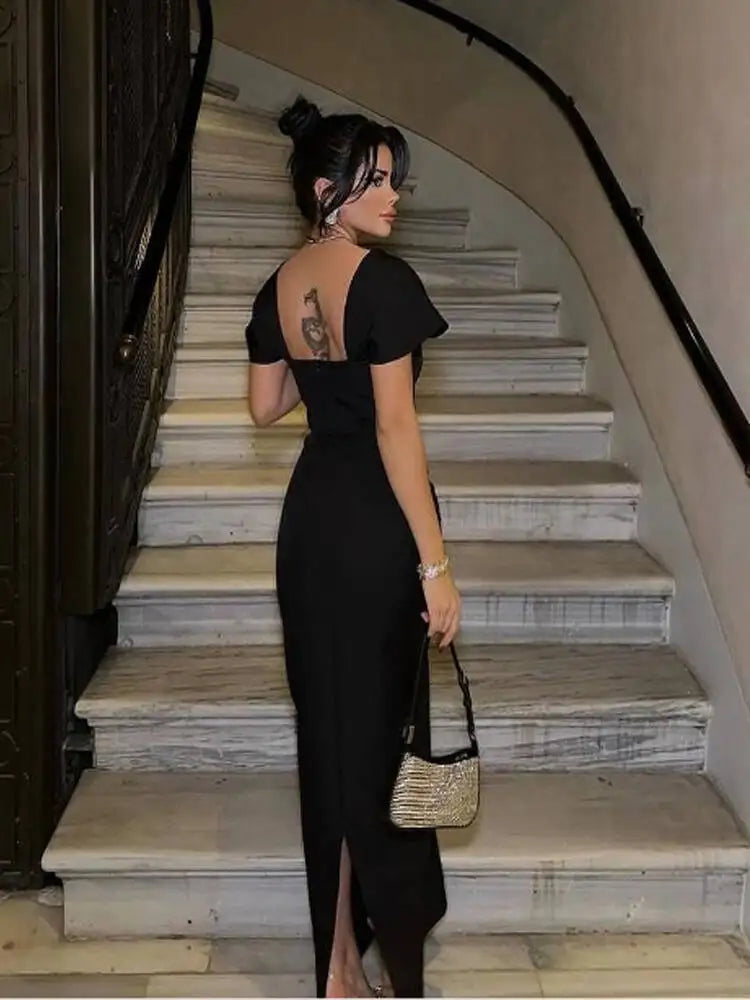 Rhinestone Square Neck Cap Sleeve Bandage Maxi Dress