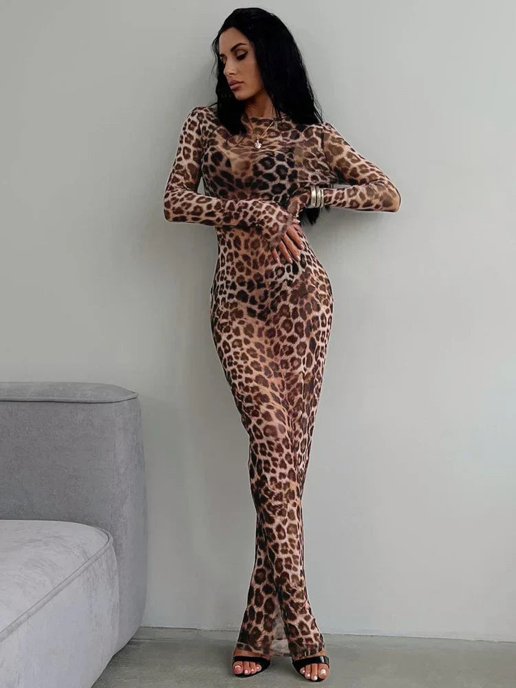 Print Mock Neck Long Sleeve Bodycon Maxi Dress