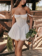 Corset Bodice Lace Trim Drop Waist Pleated Fit and Flare Mini Dress