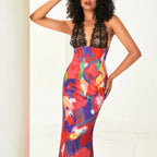 Lace Halter Neck Abstract Floral Print Bodycon Maxi Dress