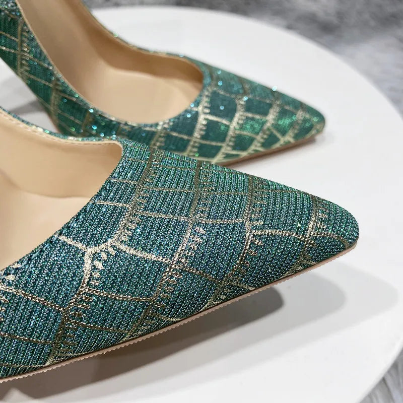 Green Glitter Embossed Crocodile Effect Pointy Toe High Heel Party Dress Shoes for Women