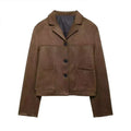 Retro Suede Female Blazer Jacket Chic Lapel Single Breasted Long Sleeve Lady Short Coat Autumn Winter Pockets Lady Outwear